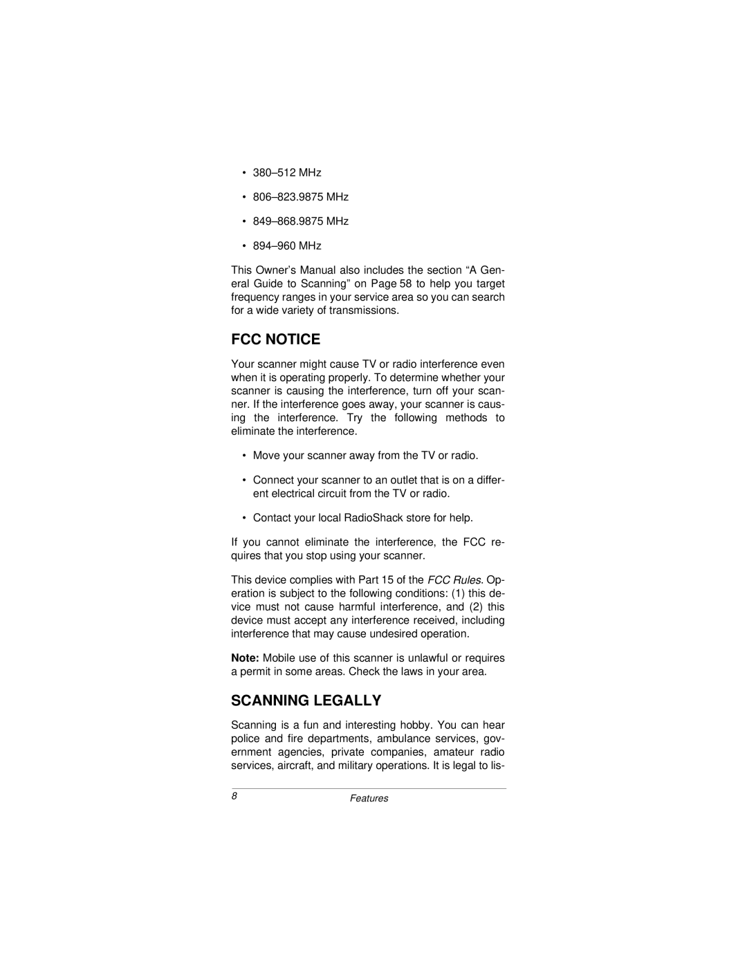 Radio Shack PRO-92 owner manual FCC Notice, Scanning Legally 