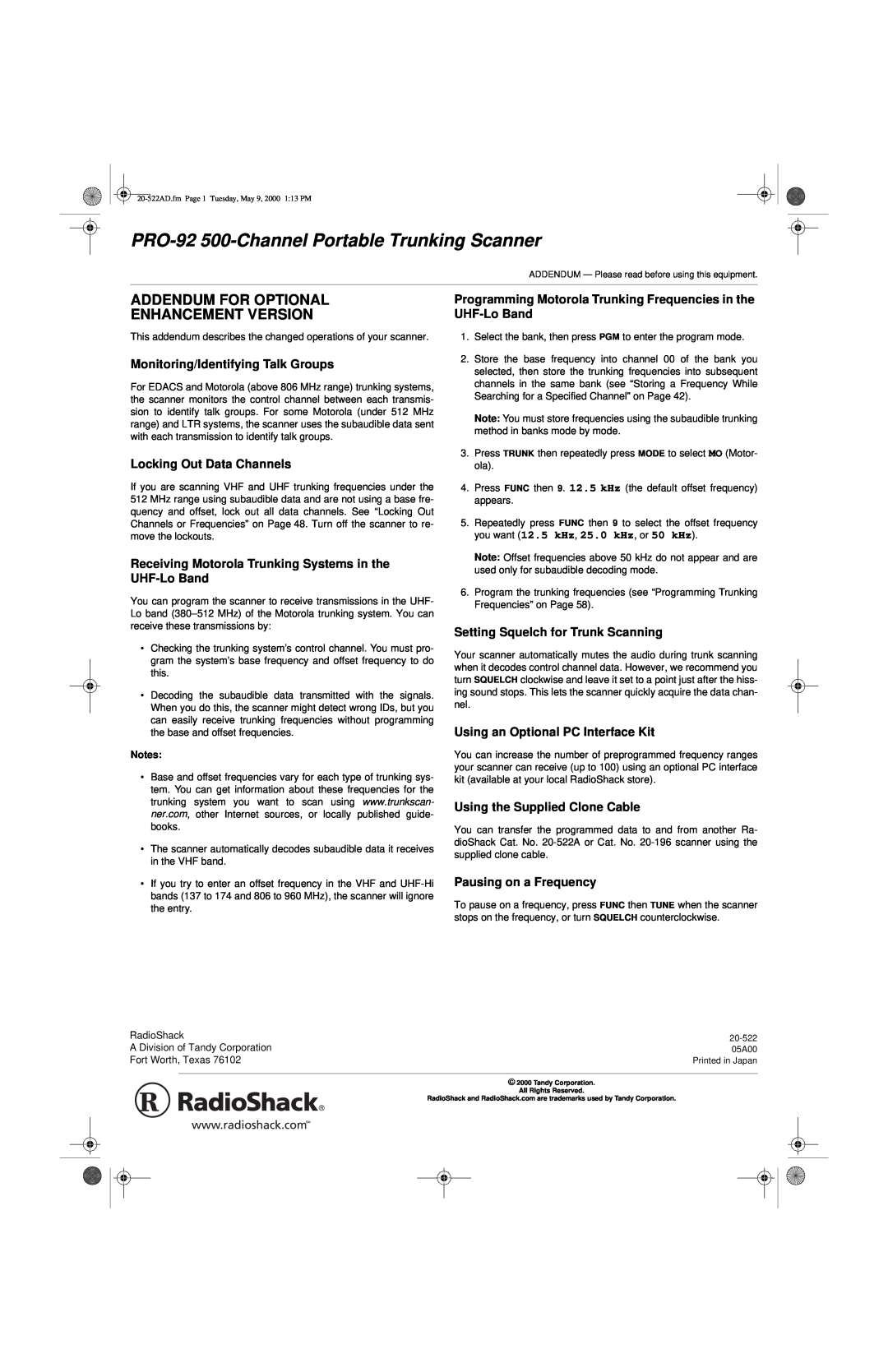Radio Shack PRO-92 manual Monitoring/Identifying Talk Groups, Locking Out Data Channels, Using the Supplied Clone Cable 