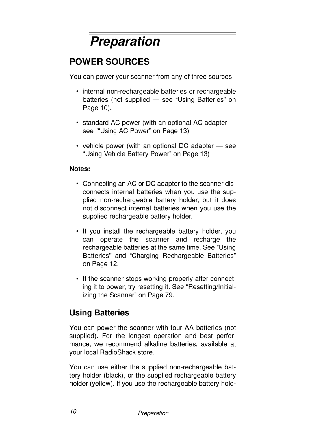 Radio Shack PRO-93 owner manual Preparation, Power Sources, Using Batteries 