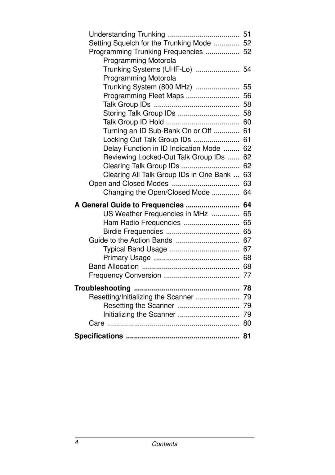 Radio Shack PRO-93 owner manual General Guide to Frequencies, Troubleshooting, Specifications 