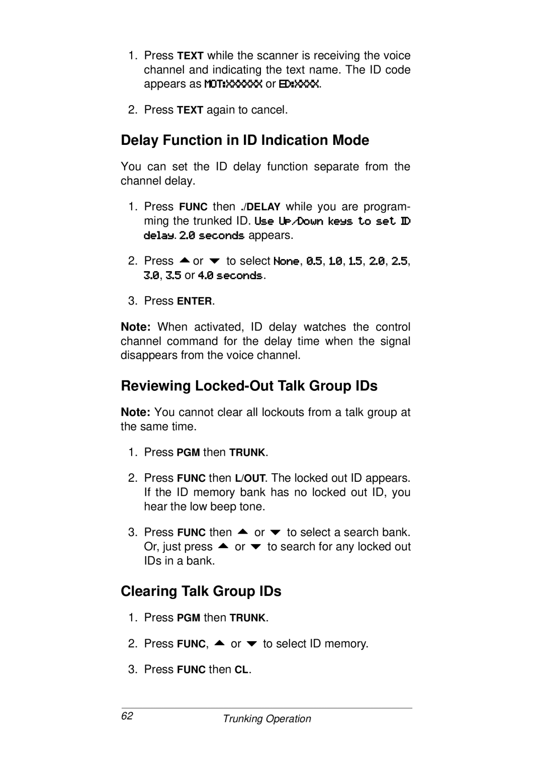 Radio Shack PRO-93 Delay Function in ID Indication Mode, Reviewing Locked-Out Talk Group IDs, Clearing Talk Group IDs 