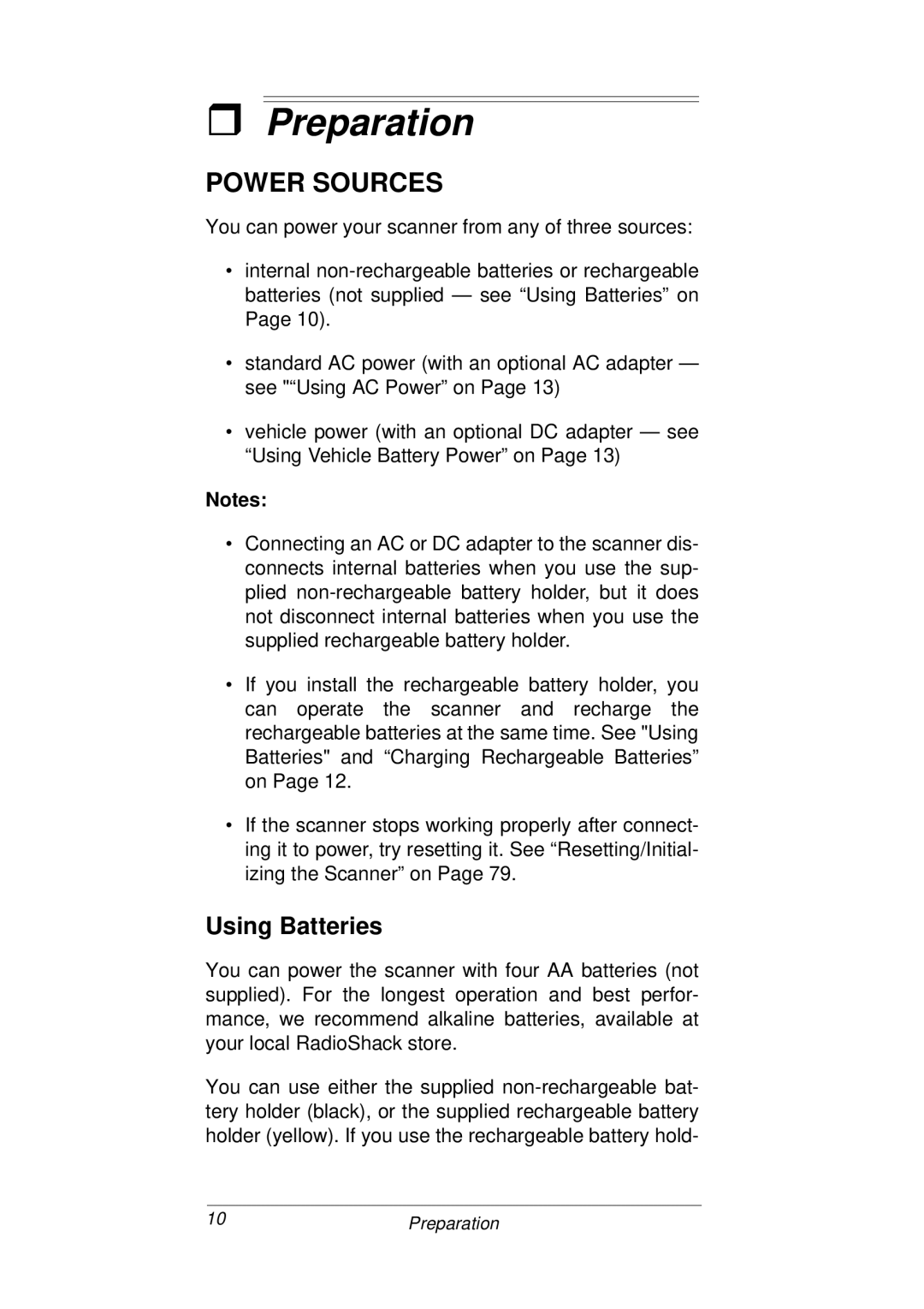 Radio Shack PRO-93 owner manual Preparation, Power Sources, Using Batteries 