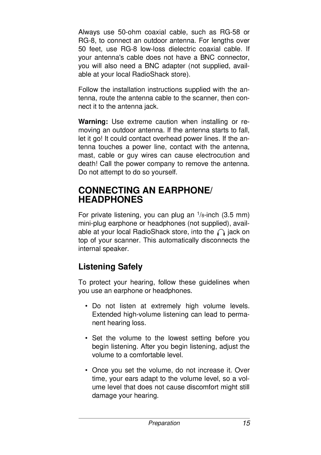 Radio Shack PRO-93 owner manual Connecting AN EARPHONE/ Headphones, Listening Safely 