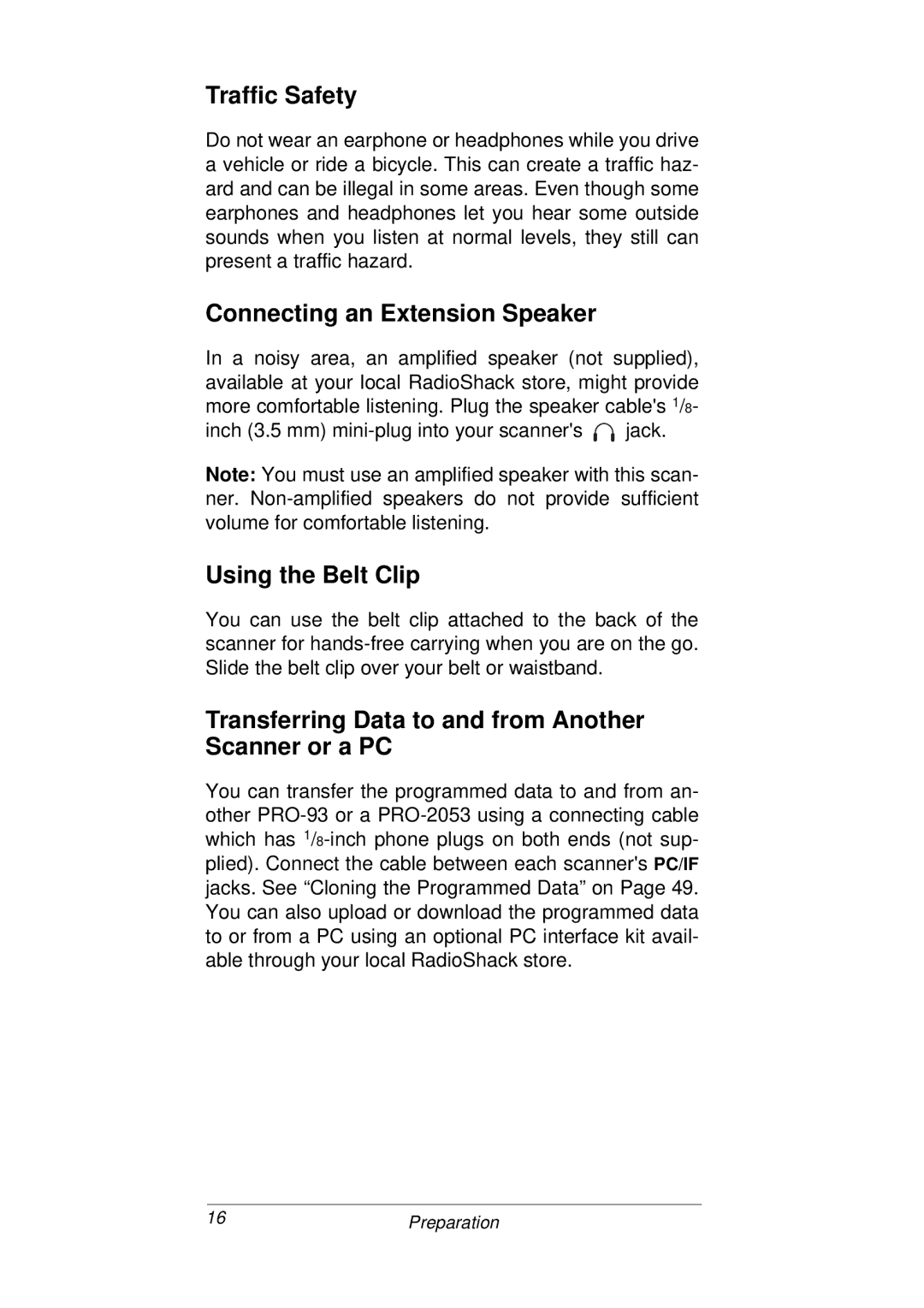 Radio Shack PRO-93 owner manual Traffic Safety, Connecting an Extension Speaker, Using the Belt Clip 