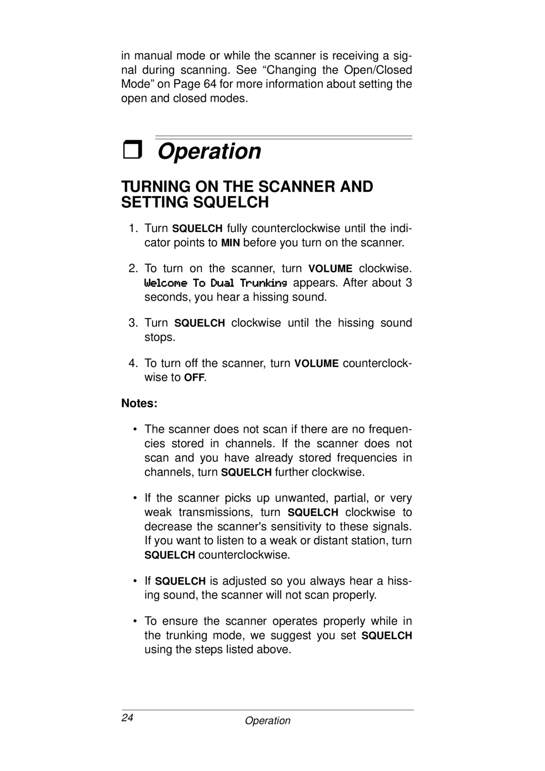 Radio Shack PRO-93 owner manual Operation, Turning on the Scanner and Setting Squelch 