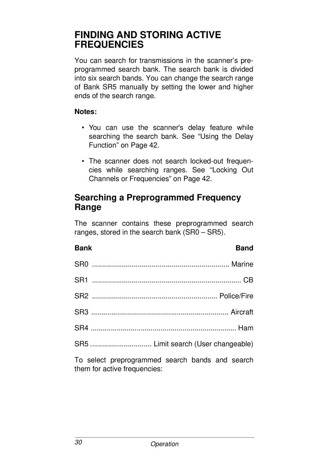 Radio Shack PRO-93 Finding and Storing Active Frequencies, Searching a Preprogrammed Frequency Range, Bank Band 