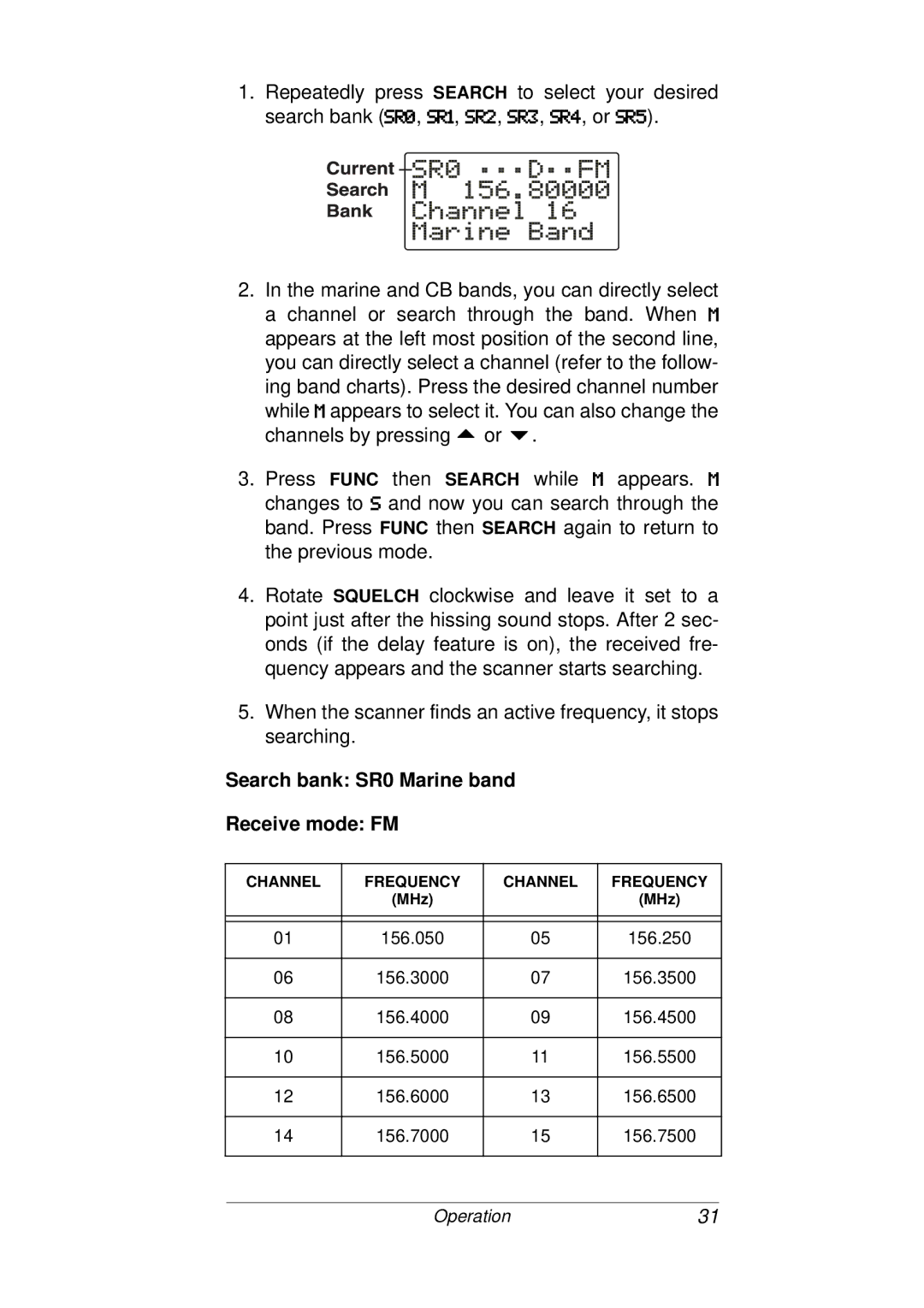 Radio Shack PRO-93 owner manual Search bank SR0 Marine band Receive mode FM, Operation31 