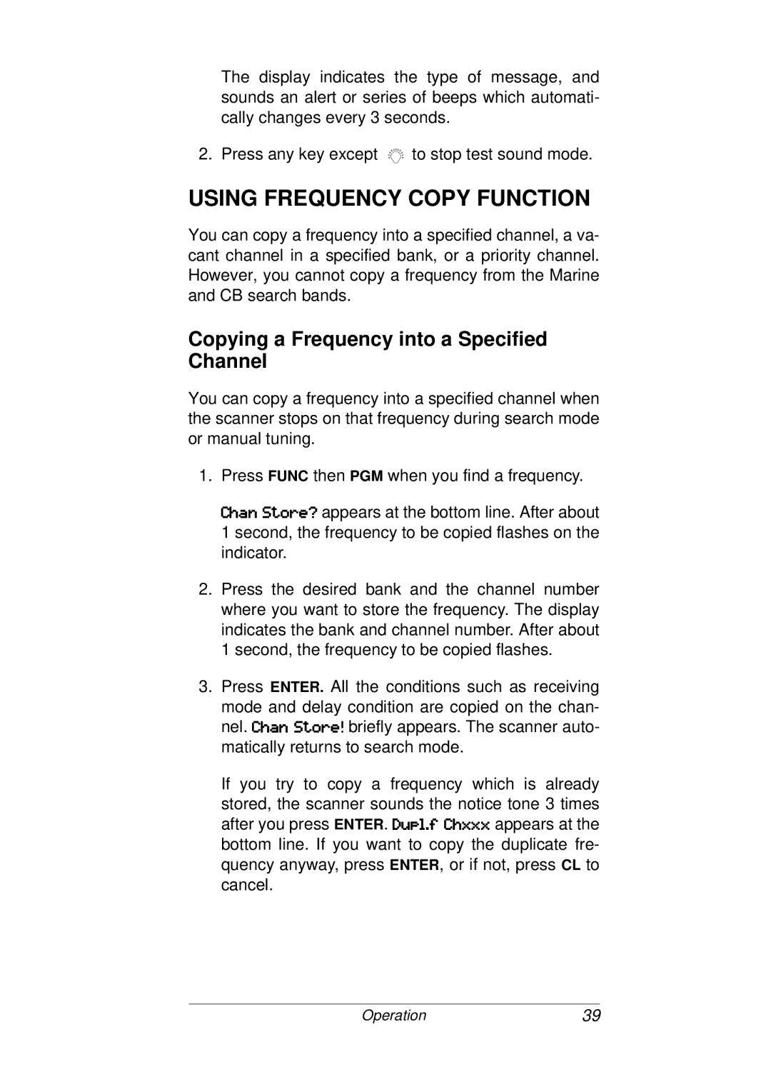 Radio Shack PRO-93 owner manual Using Frequency Copy Function, Copying a Frequency into a Specified Channel 