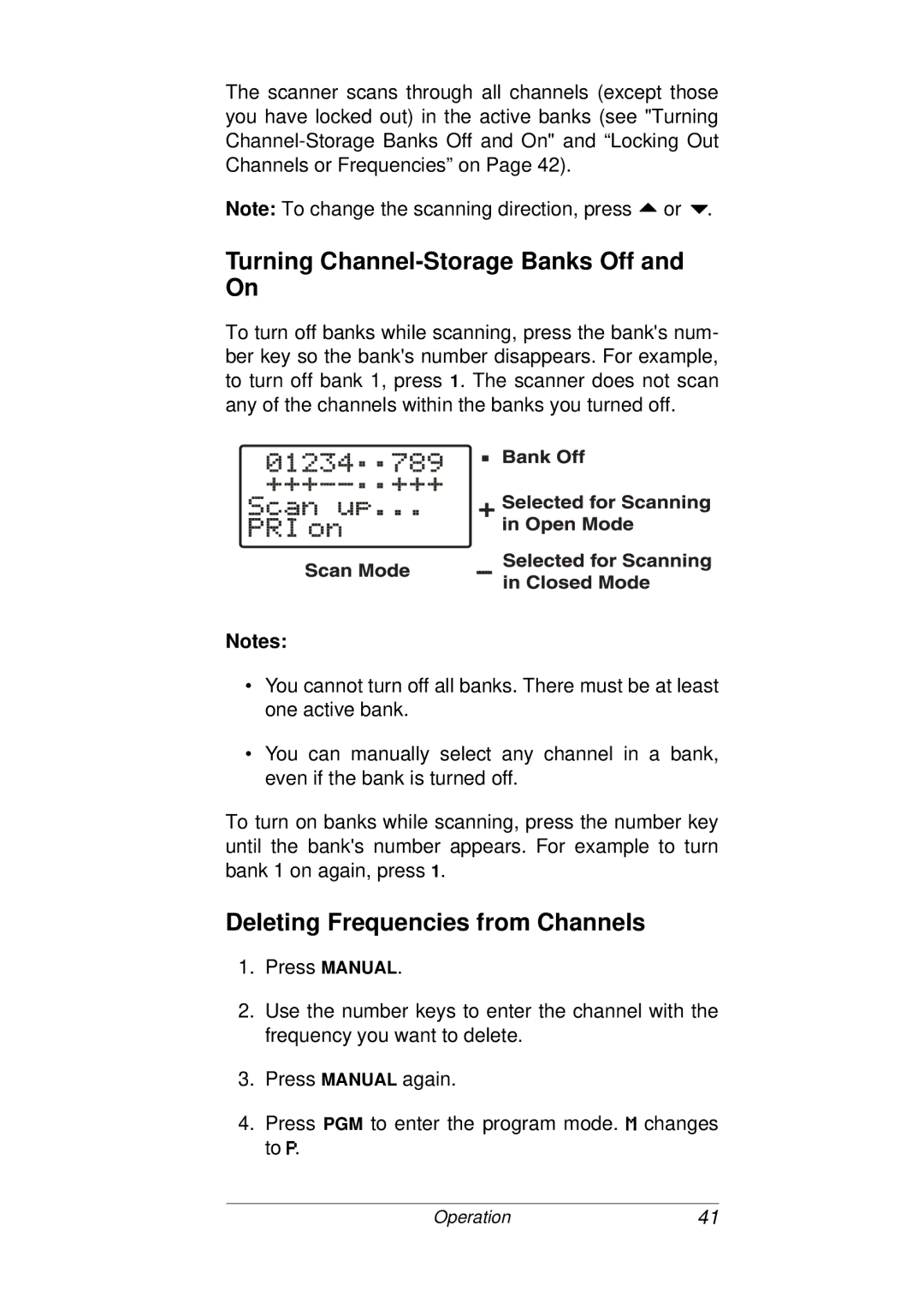 Radio Shack PRO-93 owner manual Turning Channel-Storage Banks Off and On, Deleting Frequencies from Channels 