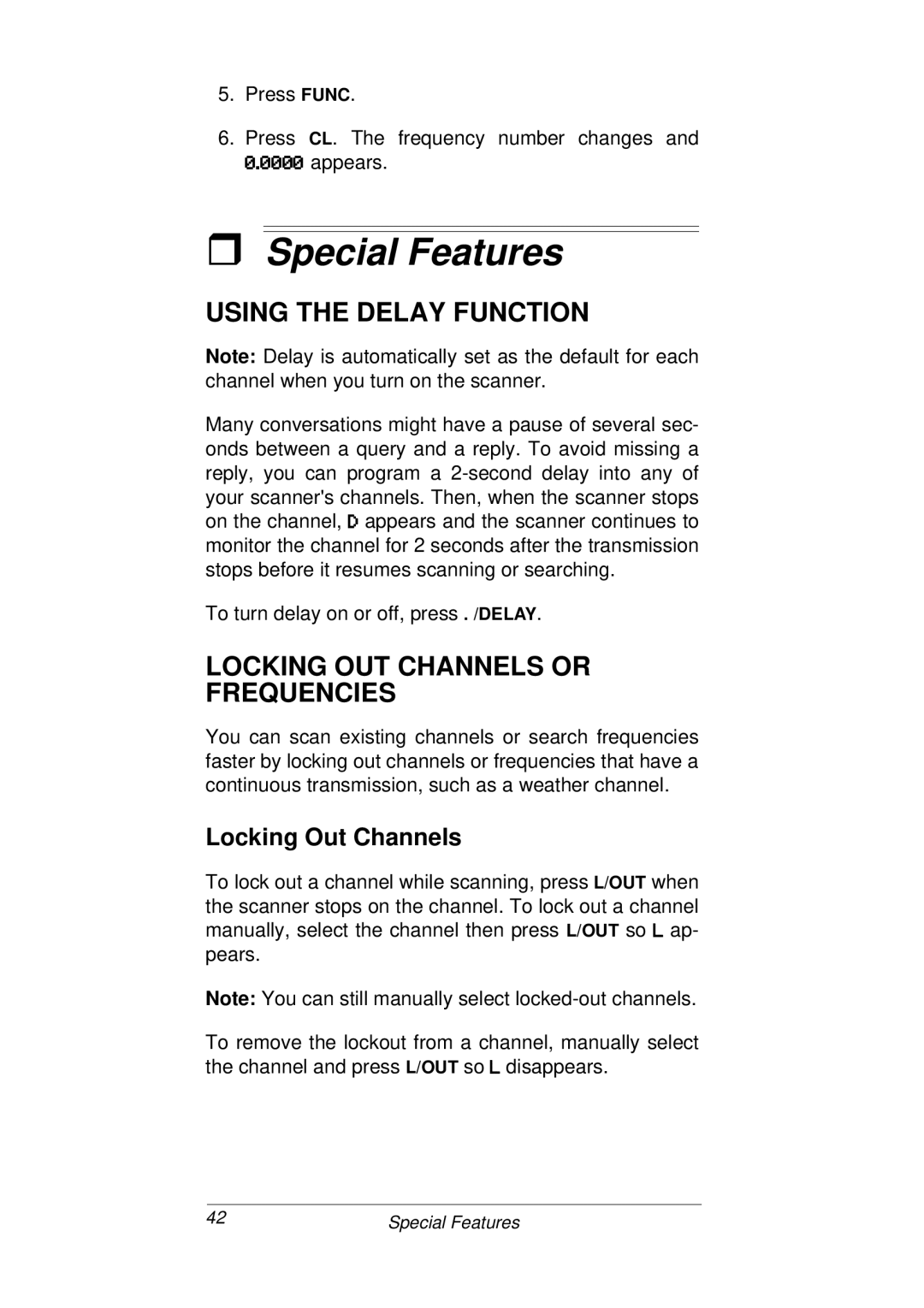 Radio Shack PRO-93 Special Features, Using the Delay Function, Locking OUT Channels or Frequencies, Locking Out Channels 