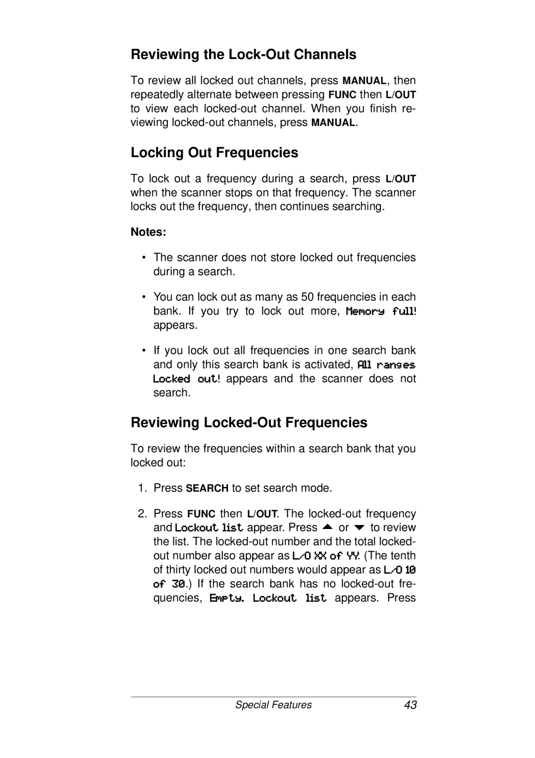 Radio Shack PRO-93 owner manual Reviewing the Lock-Out Channels, Locking Out Frequencies, Reviewing Locked-Out Frequencies 