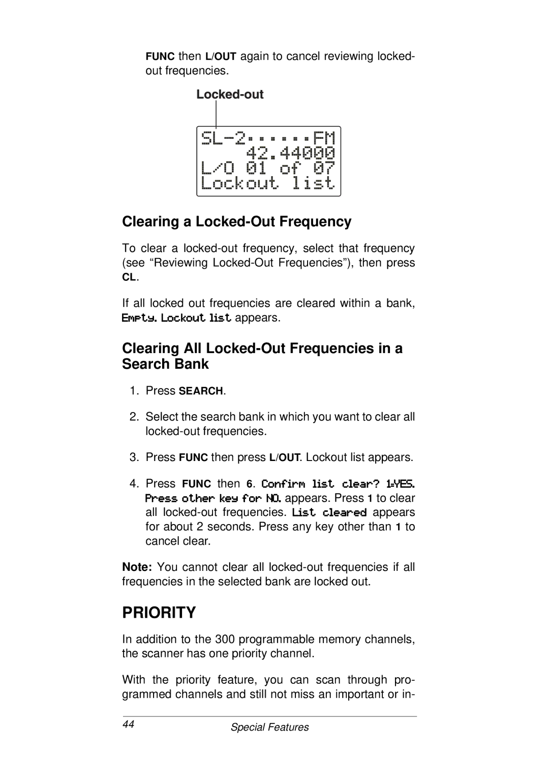 Radio Shack PRO-93 Priority, Clearing a Locked-Out Frequency, Clearing All Locked-Out Frequencies in a Search Bank 