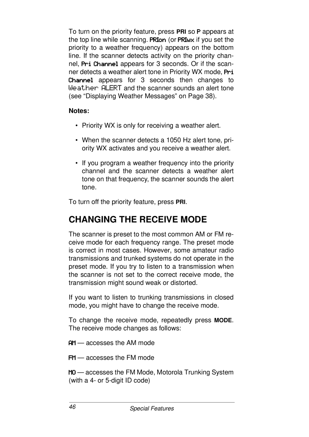 Radio Shack PRO-93 owner manual Changing the Receive Mode 