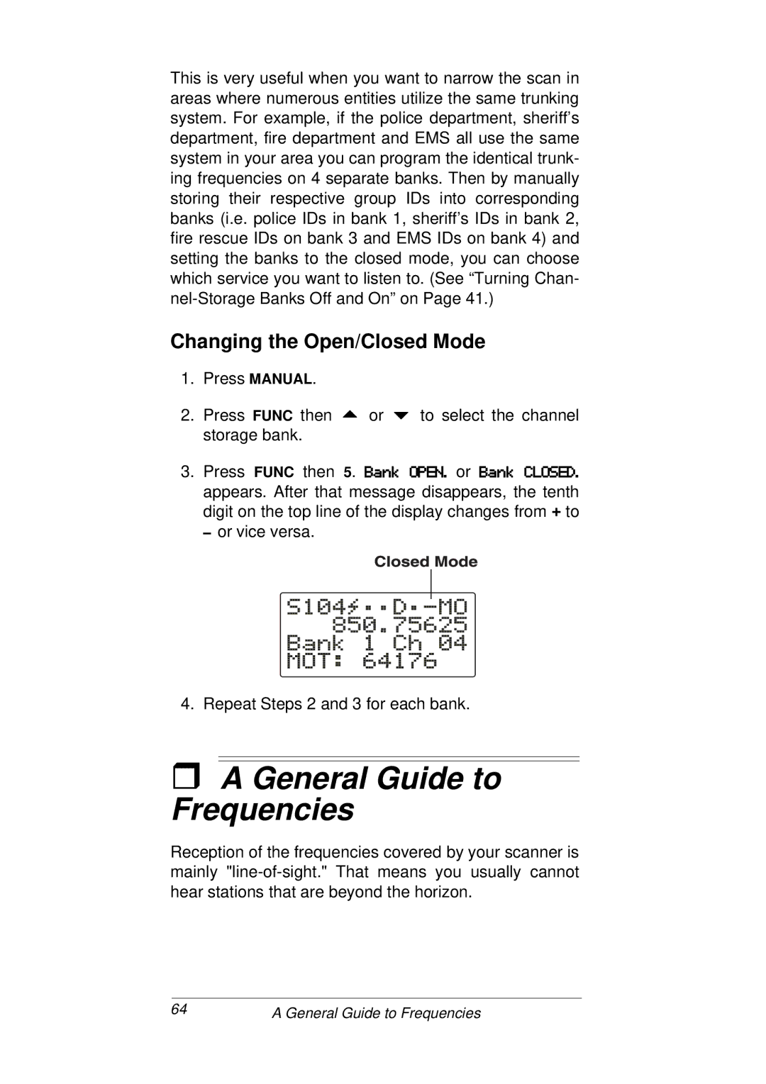 Radio Shack PRO-93 owner manual General Guide to Frequencies, Changing the Open/Closed Mode 