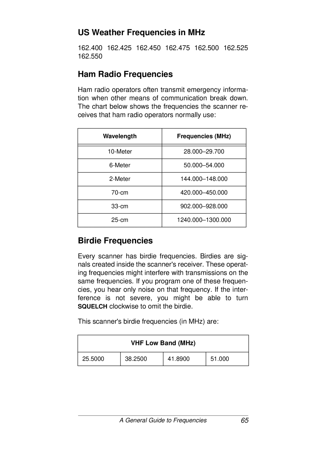 Radio Shack PRO-93 owner manual US Weather Frequencies in MHz, Ham Radio Frequencies, Birdie Frequencies 