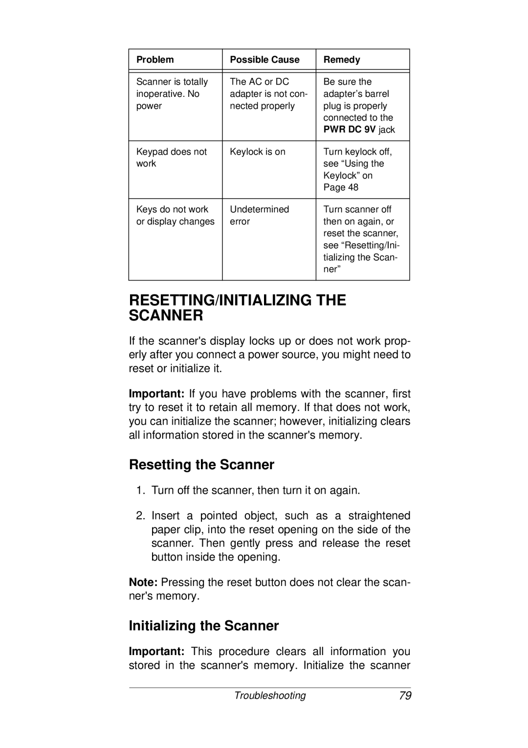 Radio Shack PRO-93 owner manual RESETTING/INITIALIZING the Scanner, Resetting the Scanner, Initializing the Scanner 