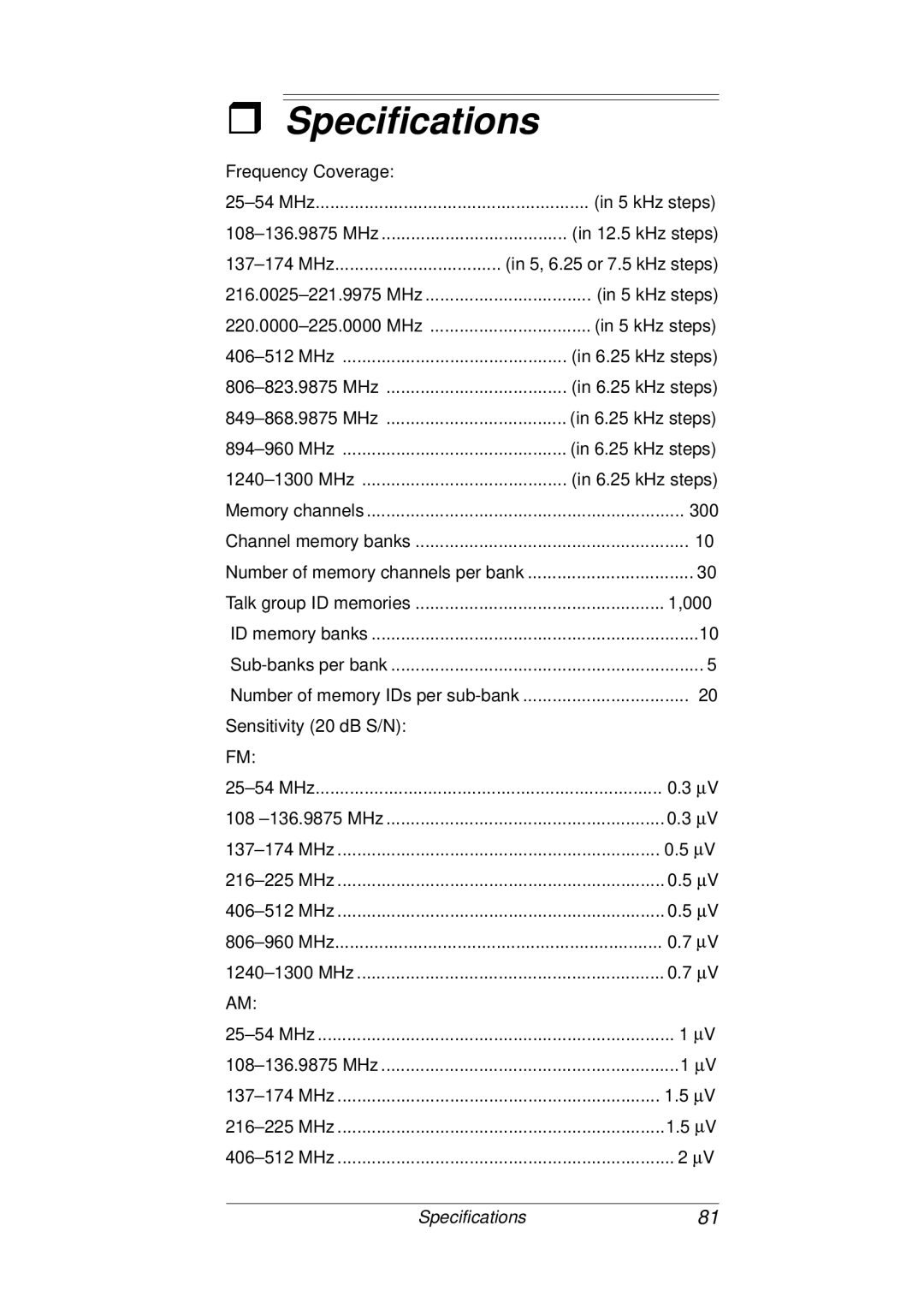 Radio Shack PRO-93 owner manual Specifications, Sensitivity 20 dB S/N 