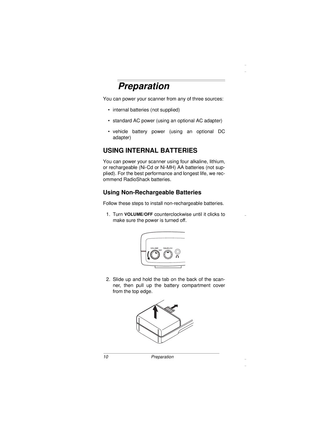 Radio Shack PRO-94 owner manual Preparation, Using Internal Batteries, Using Non-Rechargeable Batteries 