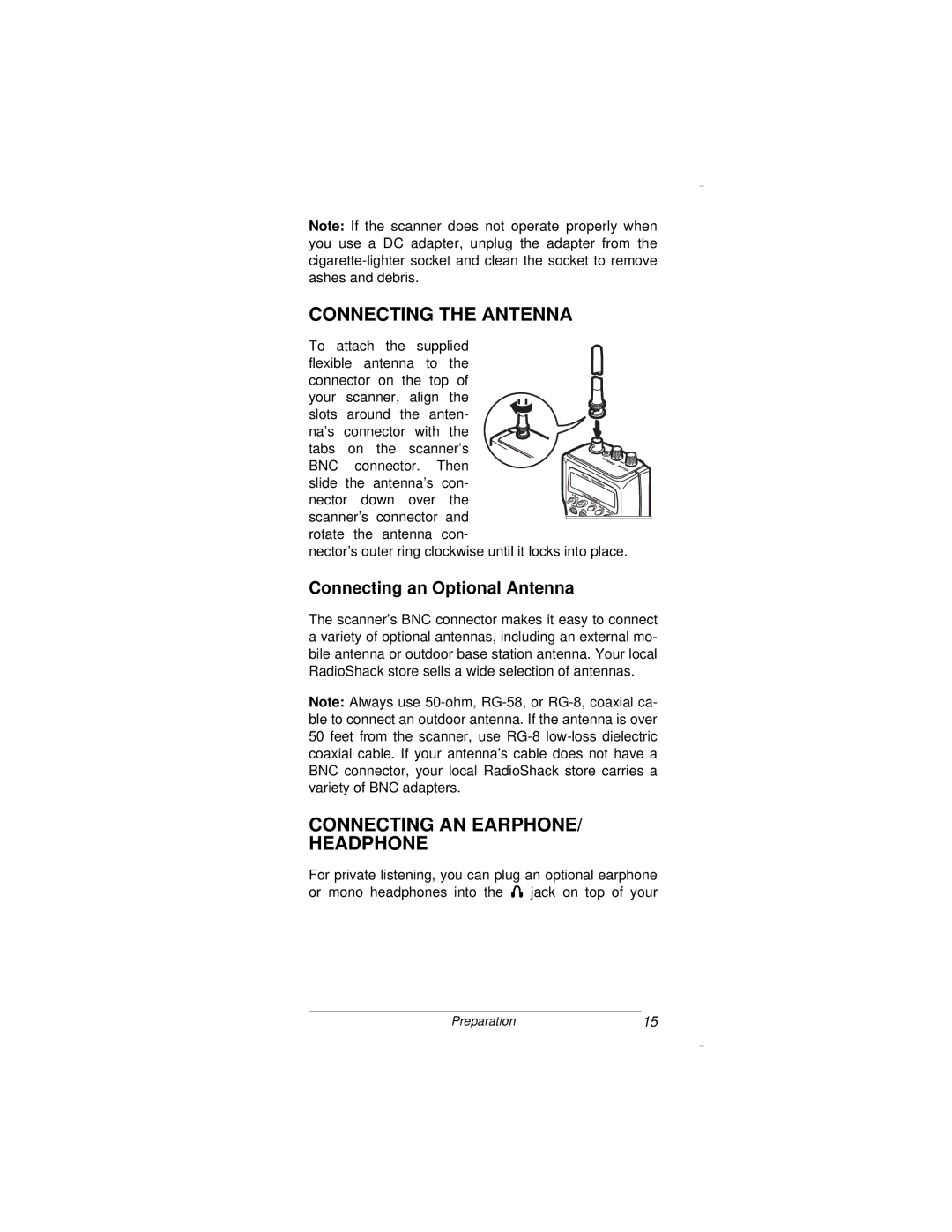 Radio Shack PRO-94 owner manual Connecting the Antenna, Connecting AN EARPHONE/ Headphone, Connecting an Optional Antenna 