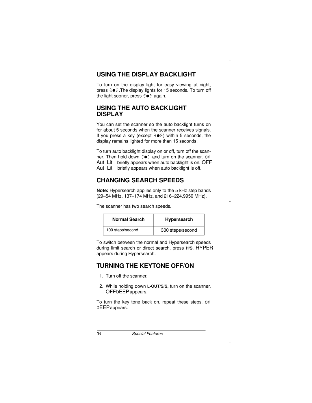 Radio Shack PRO-94 owner manual Using the Display Backlight, Using the Auto Backlight Display, Changing Search Speeds 