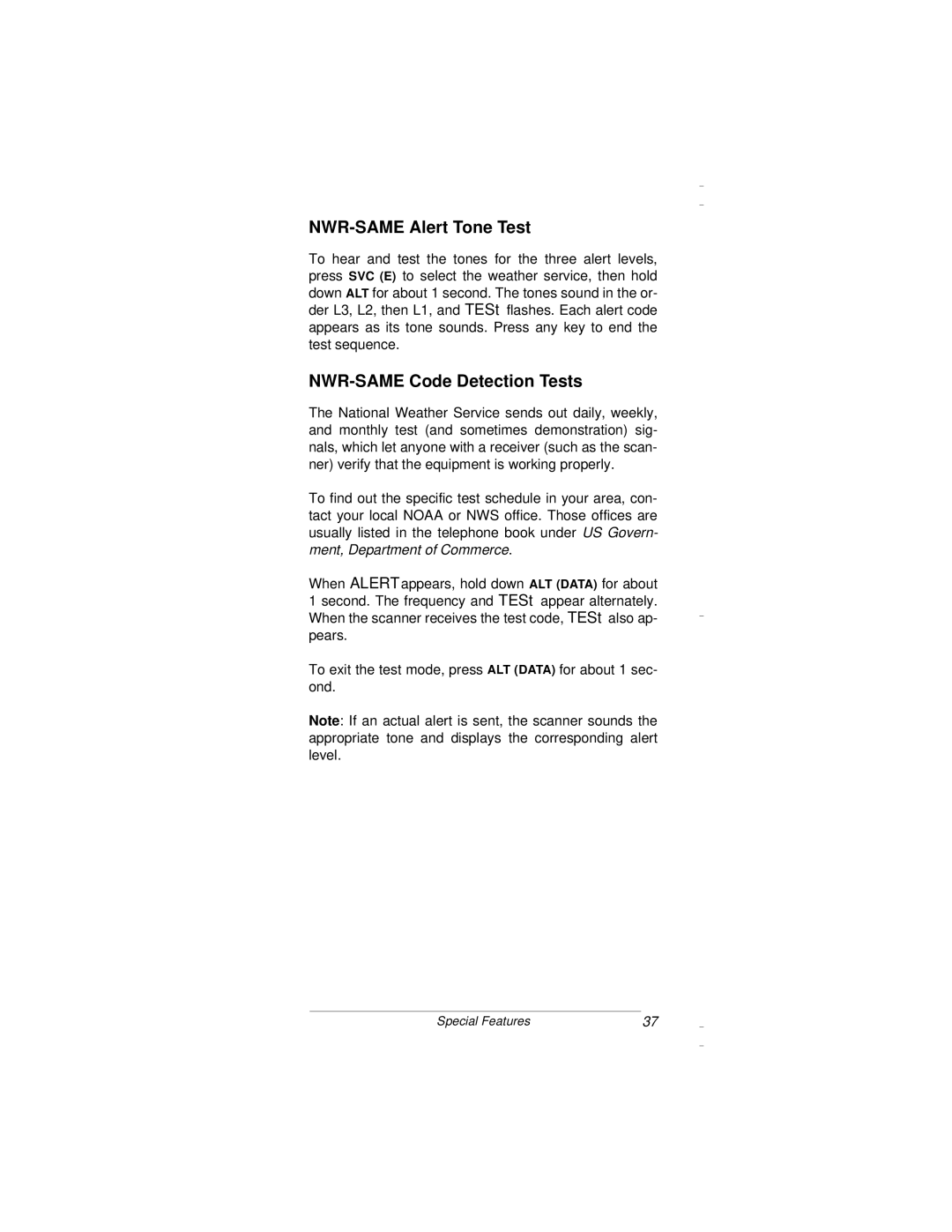 Radio Shack PRO-94 owner manual NWR-SAME Alert Tone Test, NWR-SAME Code Detection Tests 