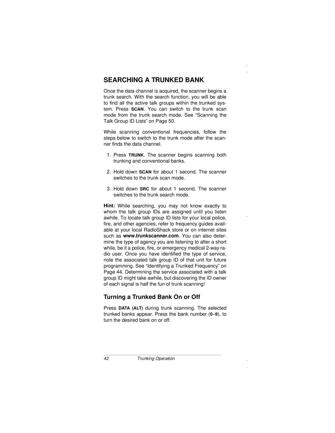 Radio Shack PRO-94 owner manual Searching a Trunked Bank, Turning a Trunked Bank On or Off 