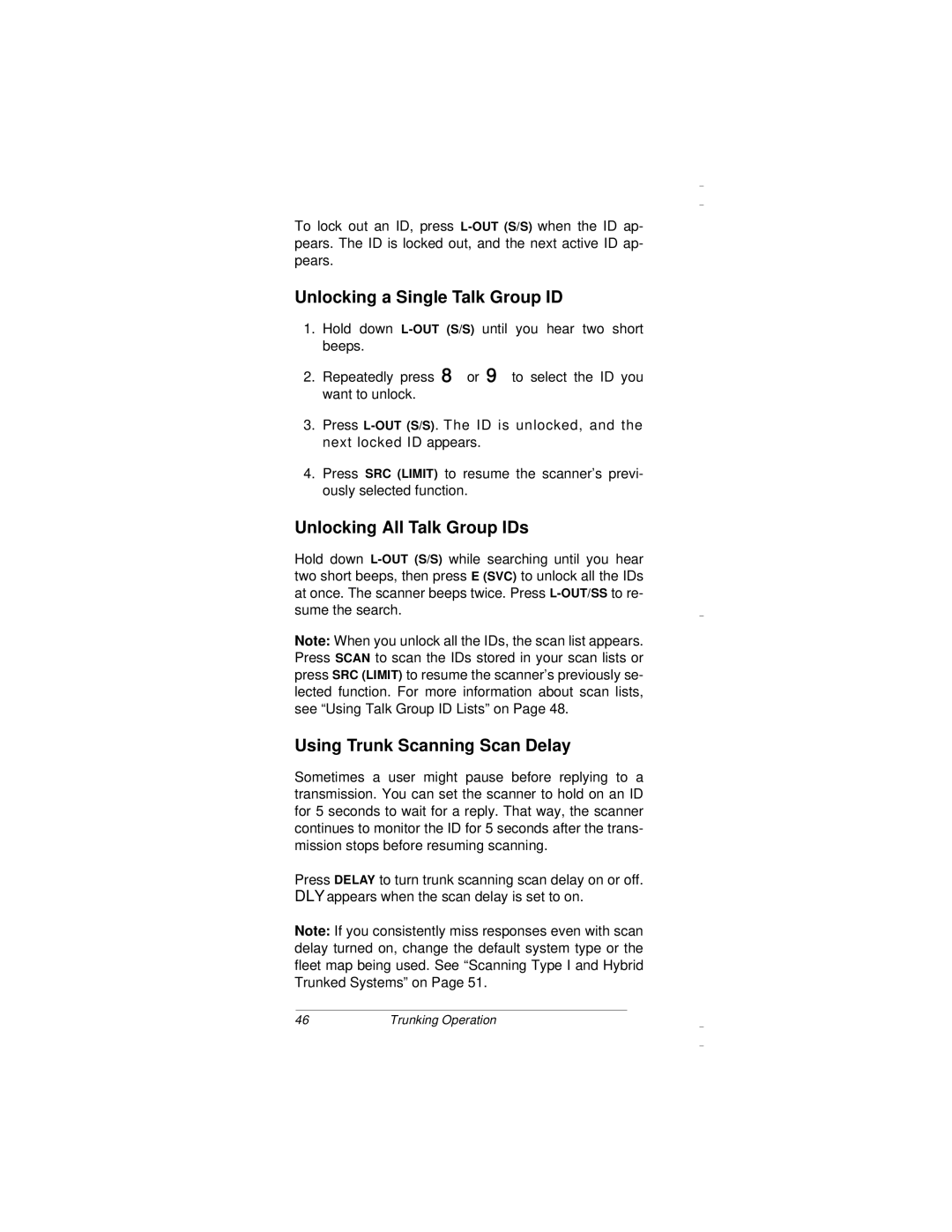 Radio Shack PRO-94 Unlocking a Single Talk Group ID, Unlocking All Talk Group IDs, Using Trunk Scanning Scan Delay 