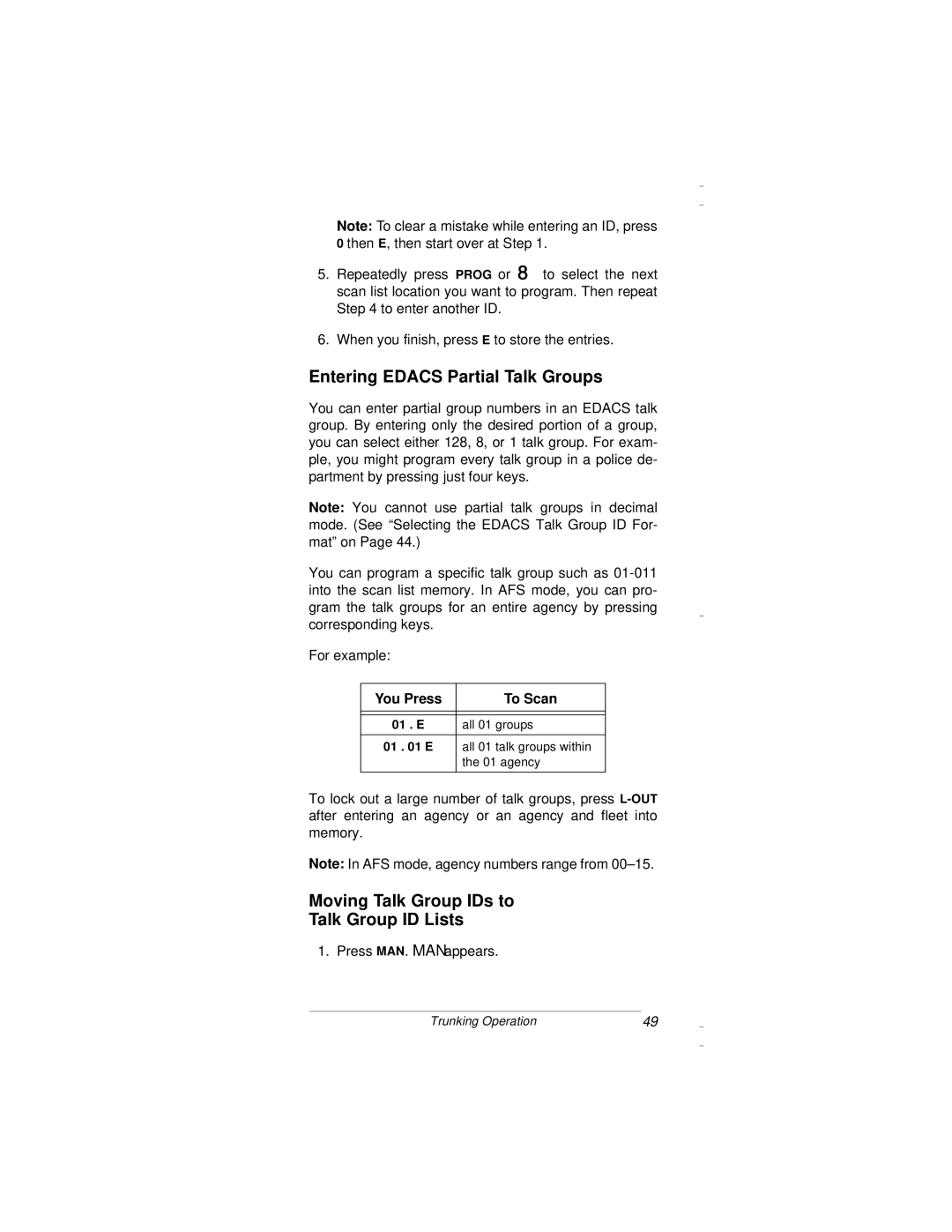 Radio Shack PRO-94 Entering Edacs Partial Talk Groups, Moving Talk Group IDs to Talk Group ID Lists, You Press To Scan 