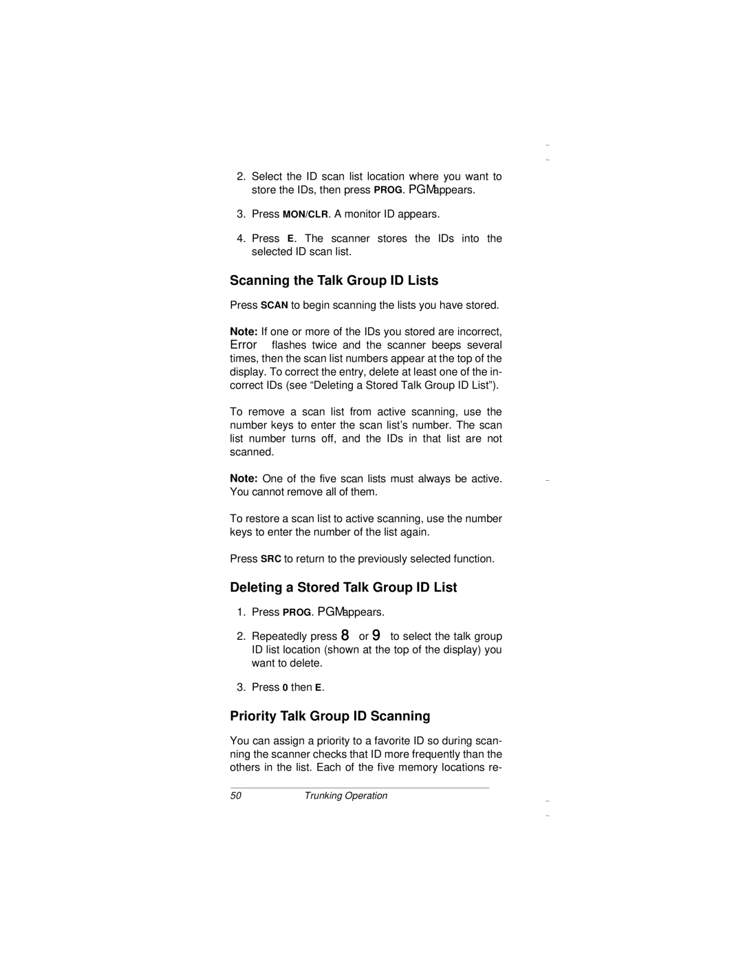 Radio Shack PRO-94 Scanning the Talk Group ID Lists, Deleting a Stored Talk Group ID List, Priority Talk Group ID Scanning 