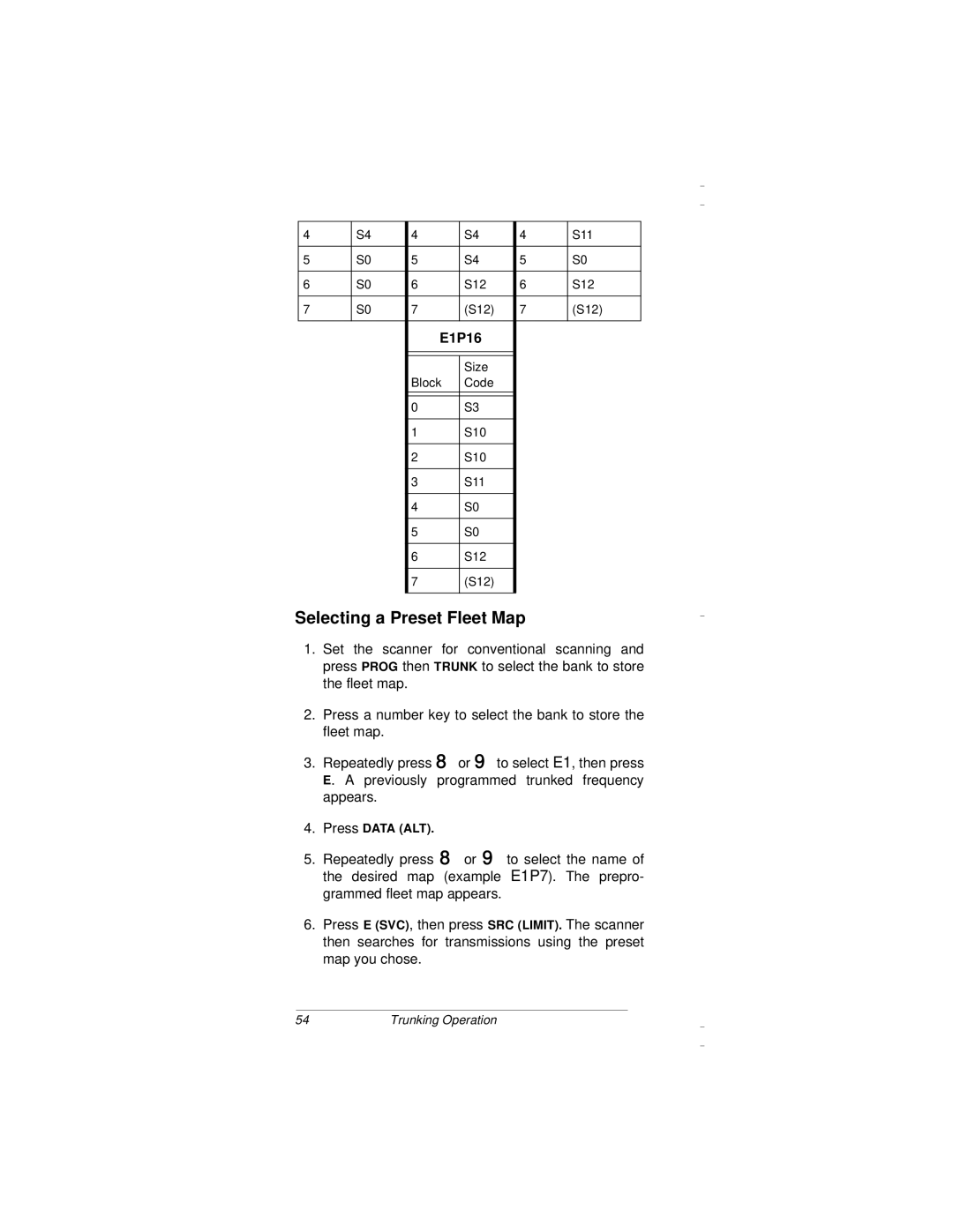 Radio Shack PRO-94 owner manual Selecting a Preset Fleet Map, E1P16, Press Data ALT 