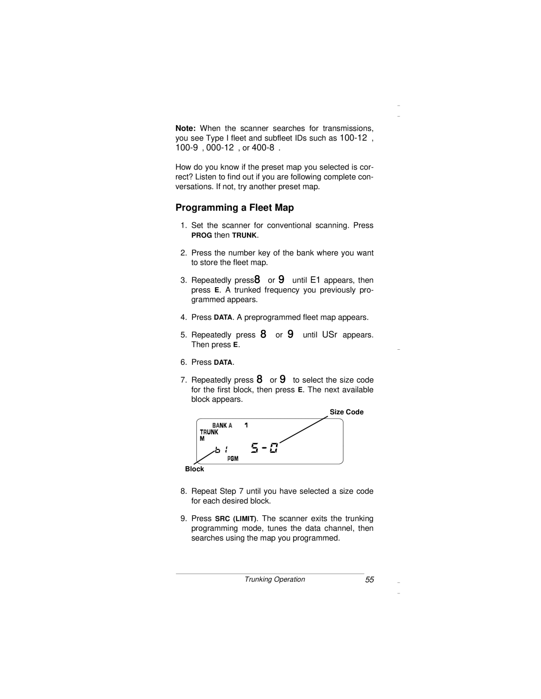 Radio Shack PRO-94 owner manual Programming a Fleet Map, Prog then Trunk, Size Code Block 