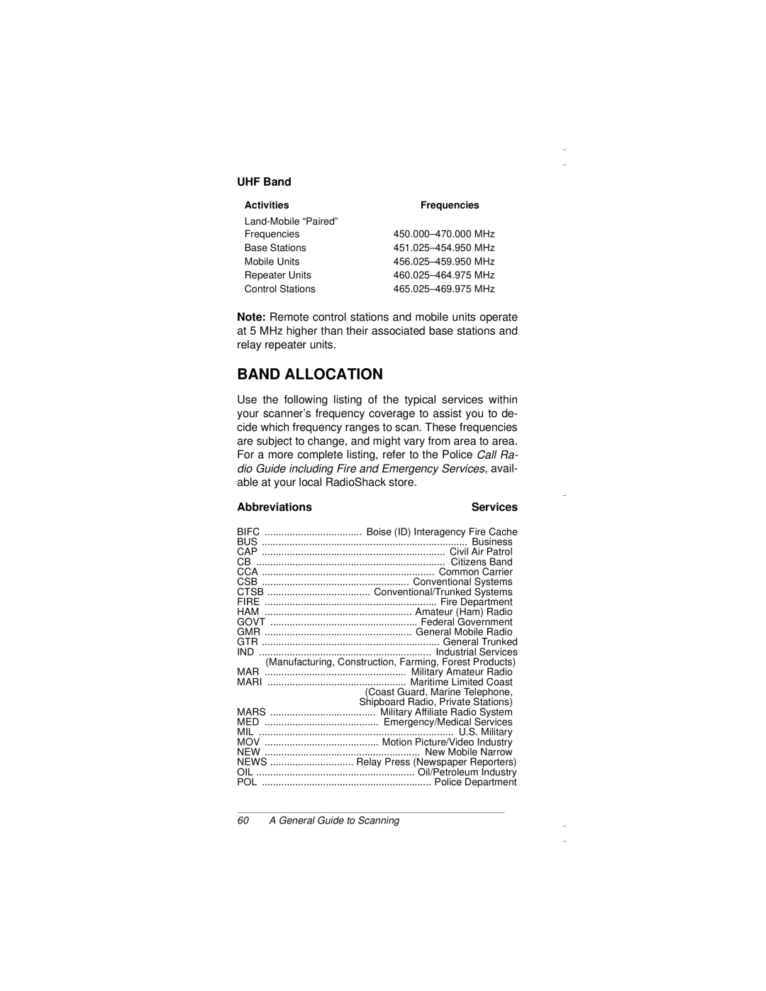 Radio Shack PRO-94 owner manual Band Allocation, UHF Band, Abbreviations Services 