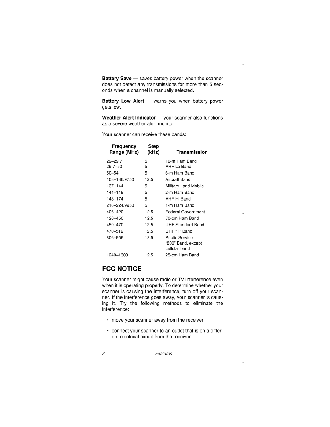 Radio Shack PRO-94 owner manual FCC Notice, Frequency Step Range MHz KHz Transmission 