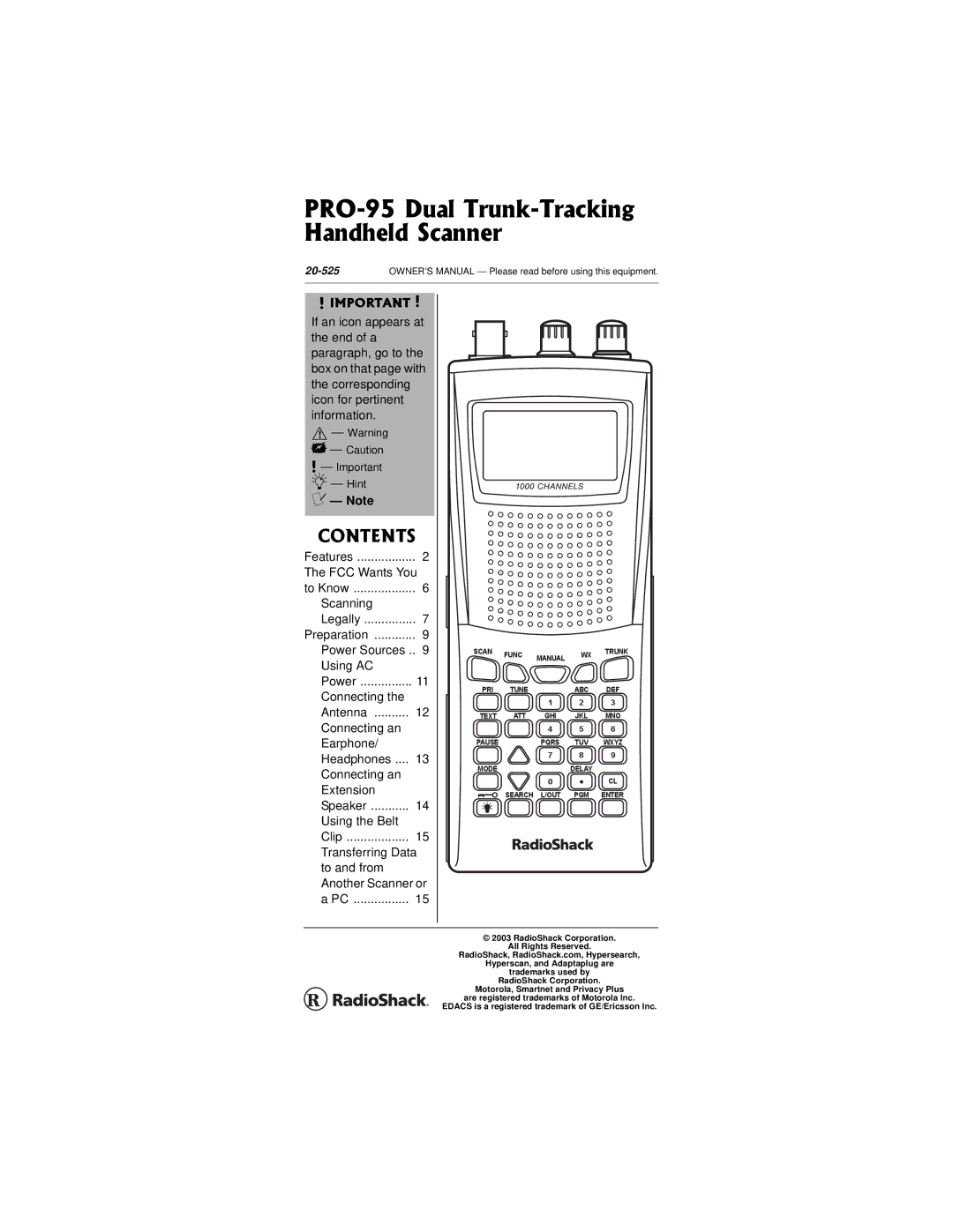 Radio Shack owner manual PRO-95 Dual Trunk-Tracking Handheld Scanner 