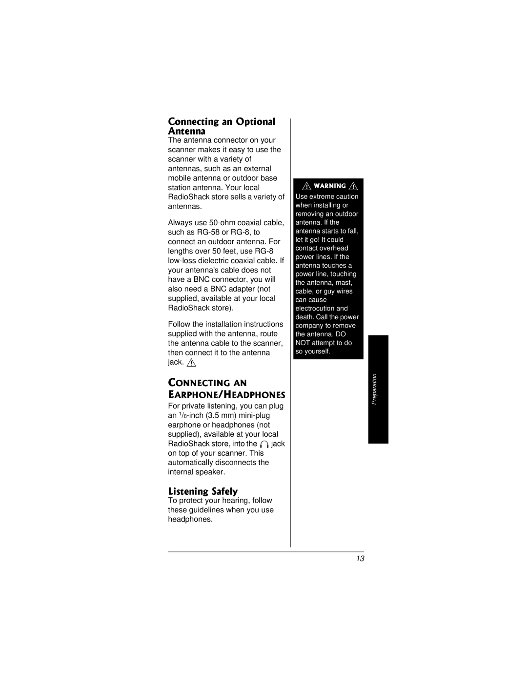 Radio Shack PRO-95 owner manual Connecting an Optional Antenna, Listening Safely, Connecting AN EARPHONE/HEADPHONES 