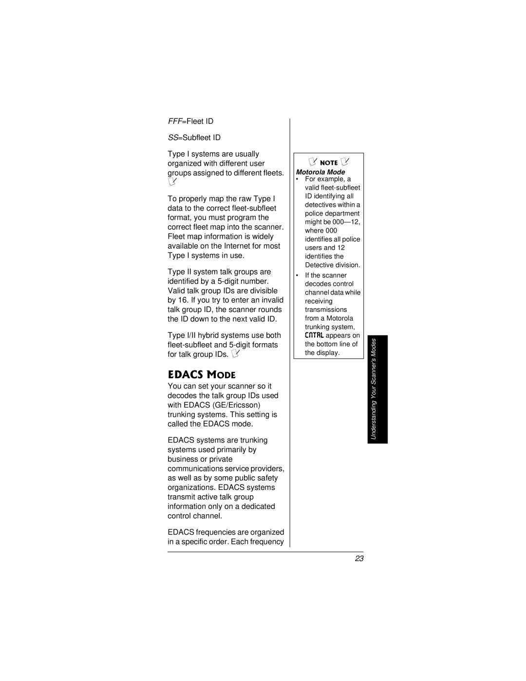 Radio Shack PRO-95 owner manual Edacs Mode, FFF=Fleet ID SS=Subfleet ID 