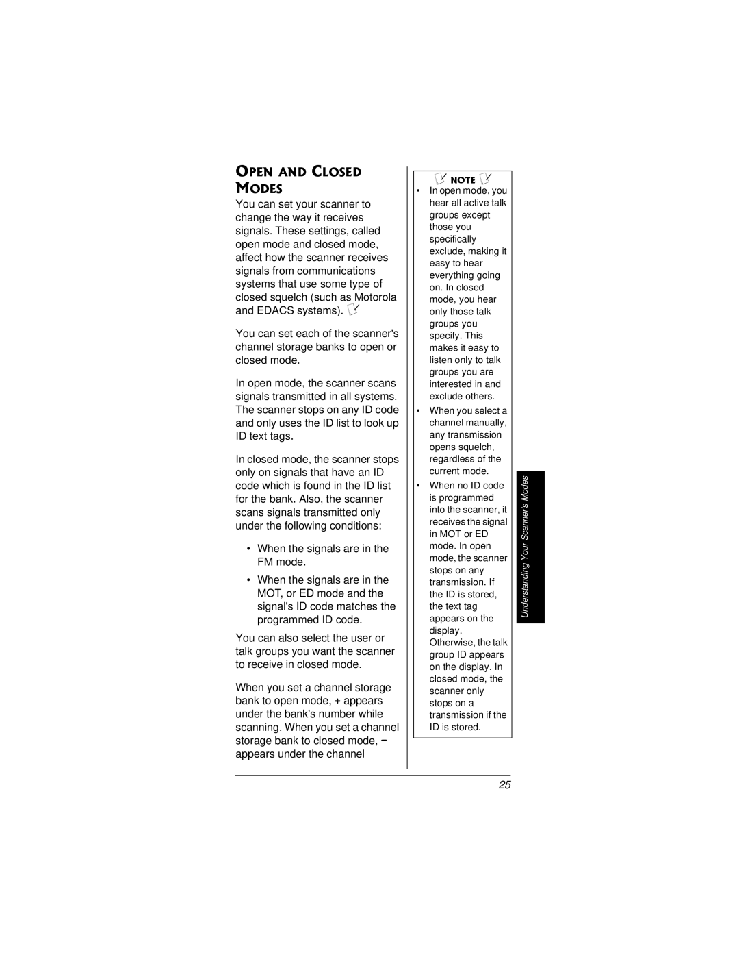 Radio Shack PRO-95 owner manual Open and Closed Modes 