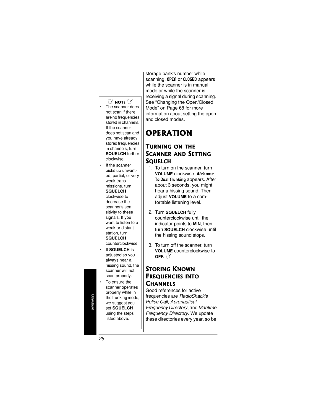 Radio Shack PRO-95 owner manual Operation, Turning on Scanner and Setting Squelch, Storing Known Frequencies Into Channels 