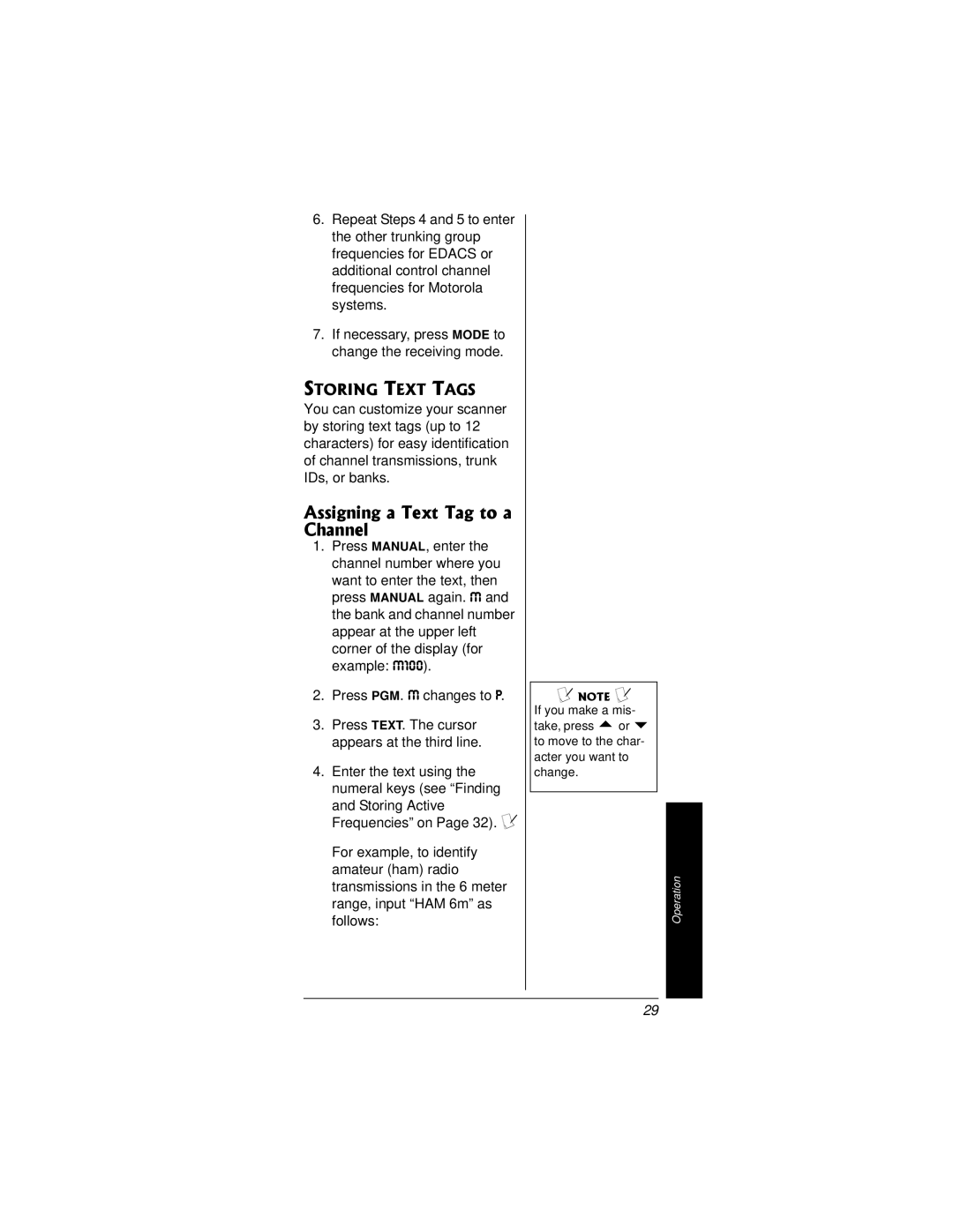 Radio Shack PRO-95 owner manual Assigning a Text Tag to a Channel, Storing Text Tags 