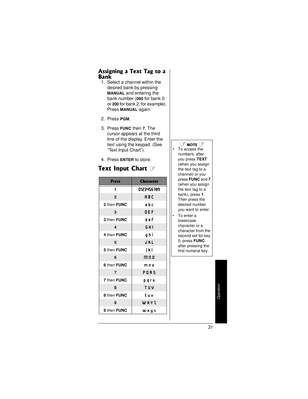 Radio Shack PRO-95 owner manual Assigning a Text Tag to a Bank, Press Character 