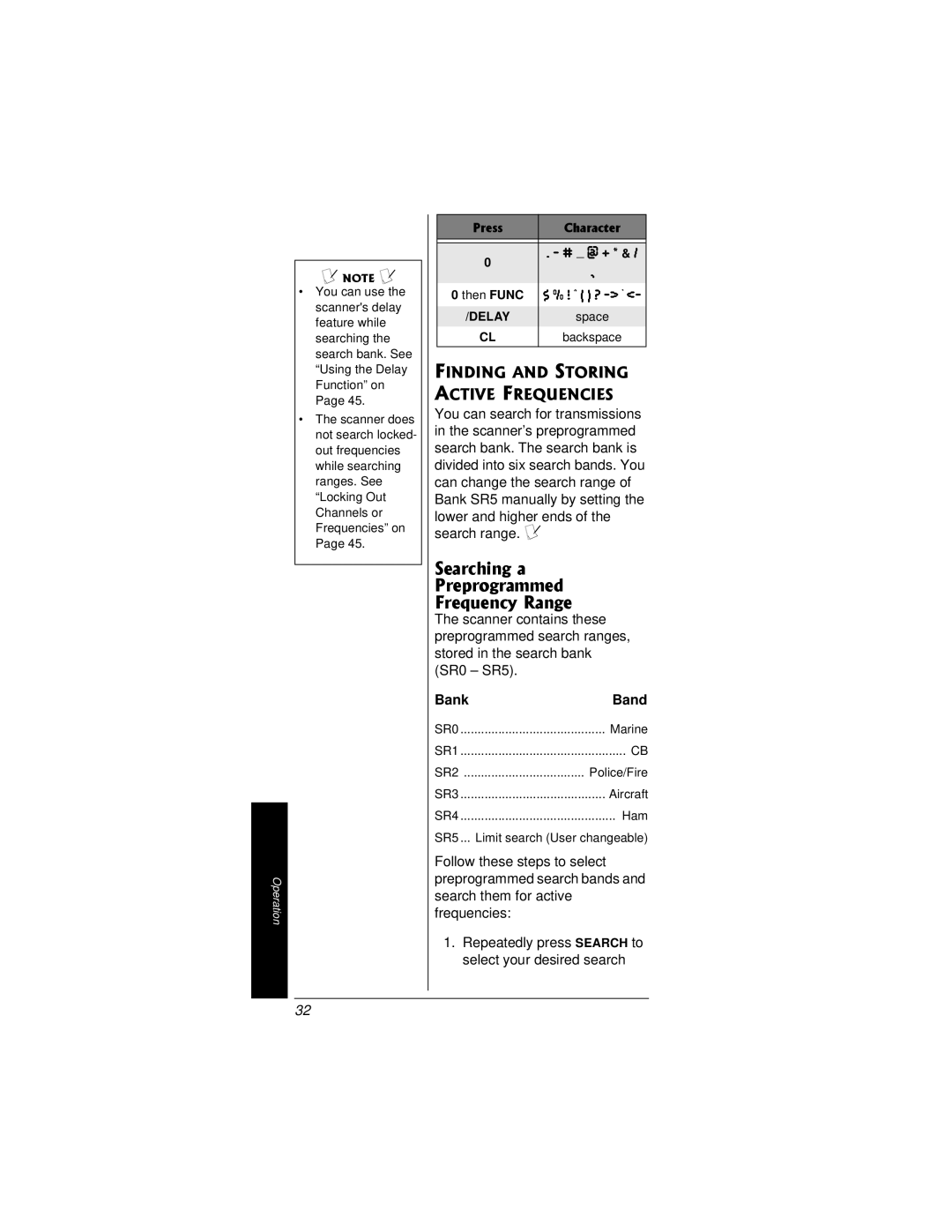 Radio Shack PRO-95 Searching a Preprogrammed Frequency Range, # @ +, Finding and Storing Active Frequencies, Bank Band 