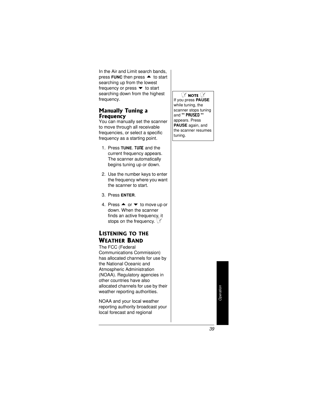 Radio Shack PRO-95 owner manual Manually Tuning a Frequency, Listening to Weather Band, Paused, Air and Limit search bands 