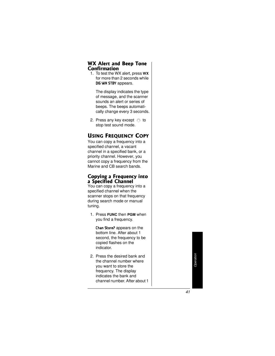 Radio Shack PRO-95 WX Alert and Beep Tone Confirmation, Copying a Frequency into a Specified Channel, DIG WX Stby appears 