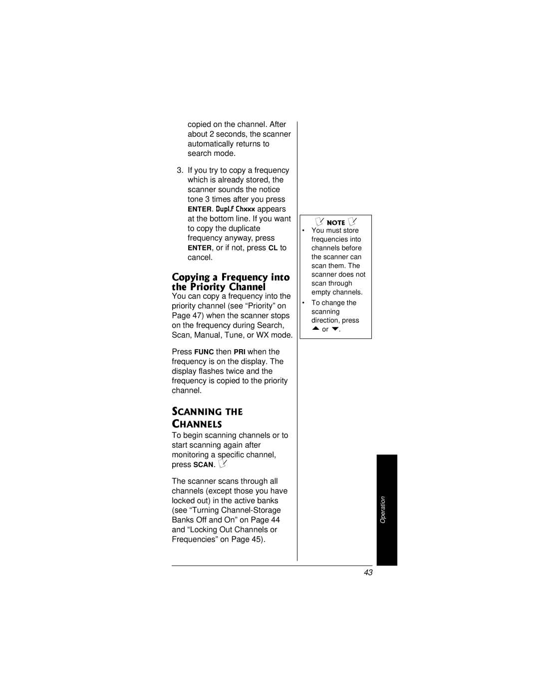 Radio Shack PRO-95 owner manual Copying a Frequency into the Priority Channel, Scanning Channels 