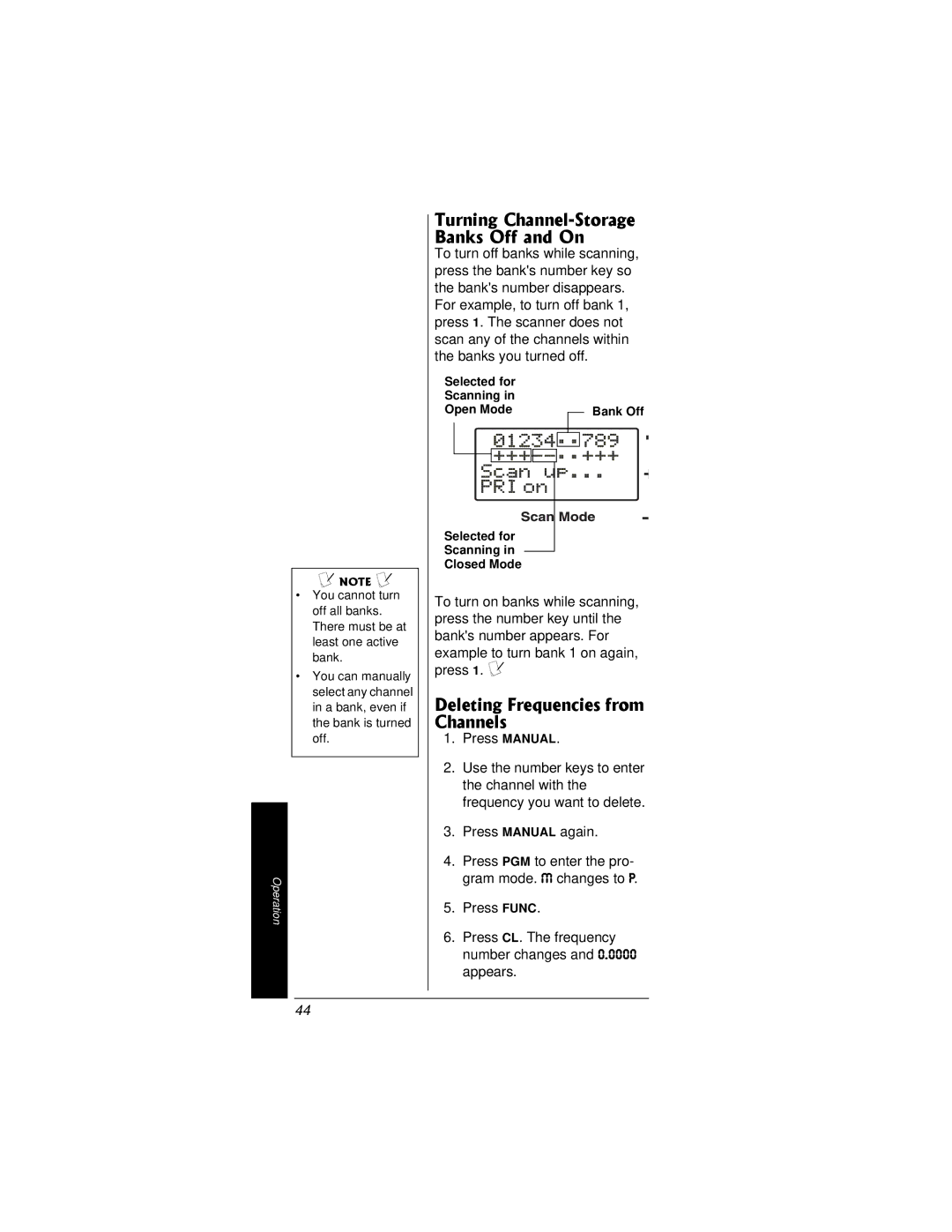 Radio Shack PRO-95 owner manual Deleting Frequencies from Channels, Turning Channel-Storage Banks Off and On 