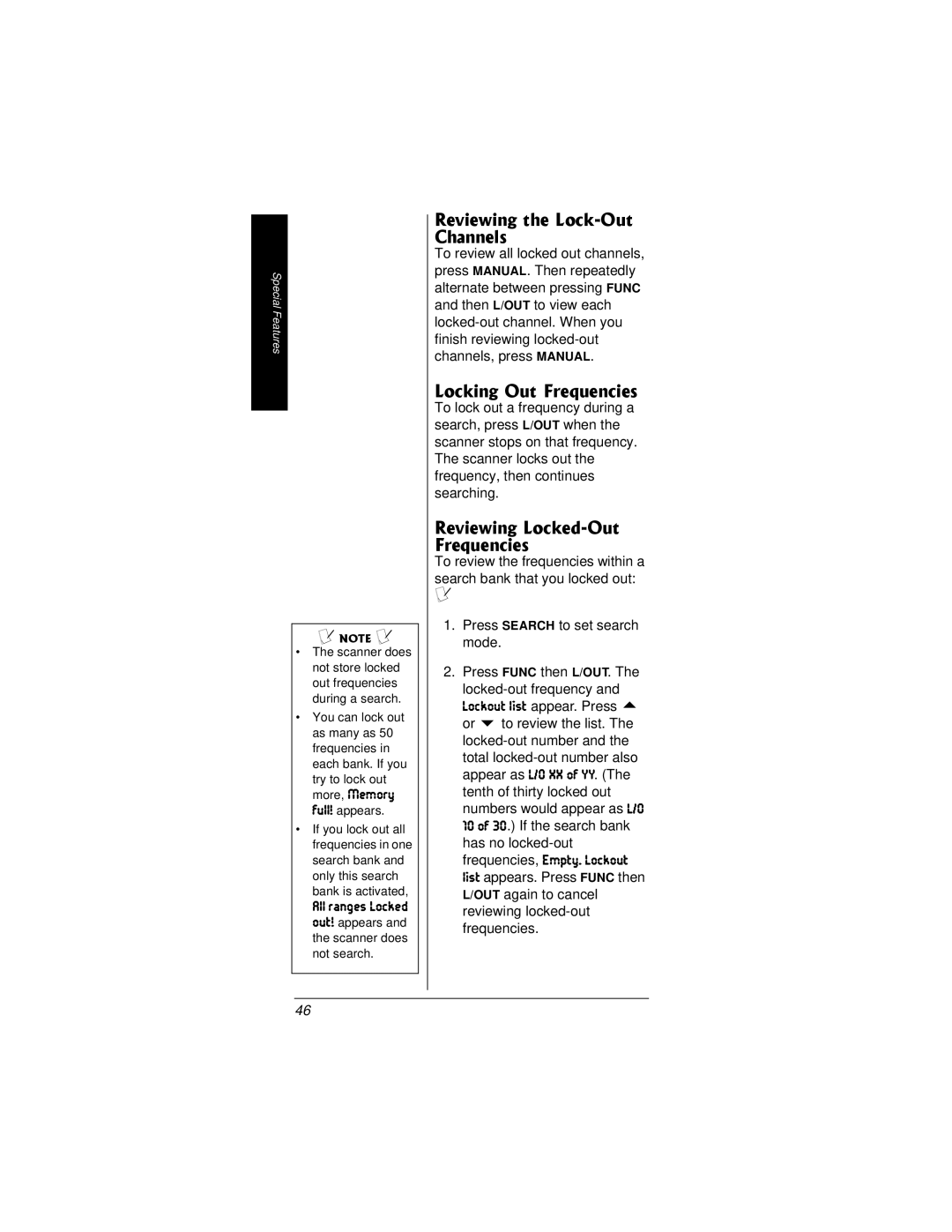 Radio Shack PRO-95 owner manual Reviewing the Lock-Out Channels, Locking Out Frequencies, Reviewing Locked-Out Frequencies 