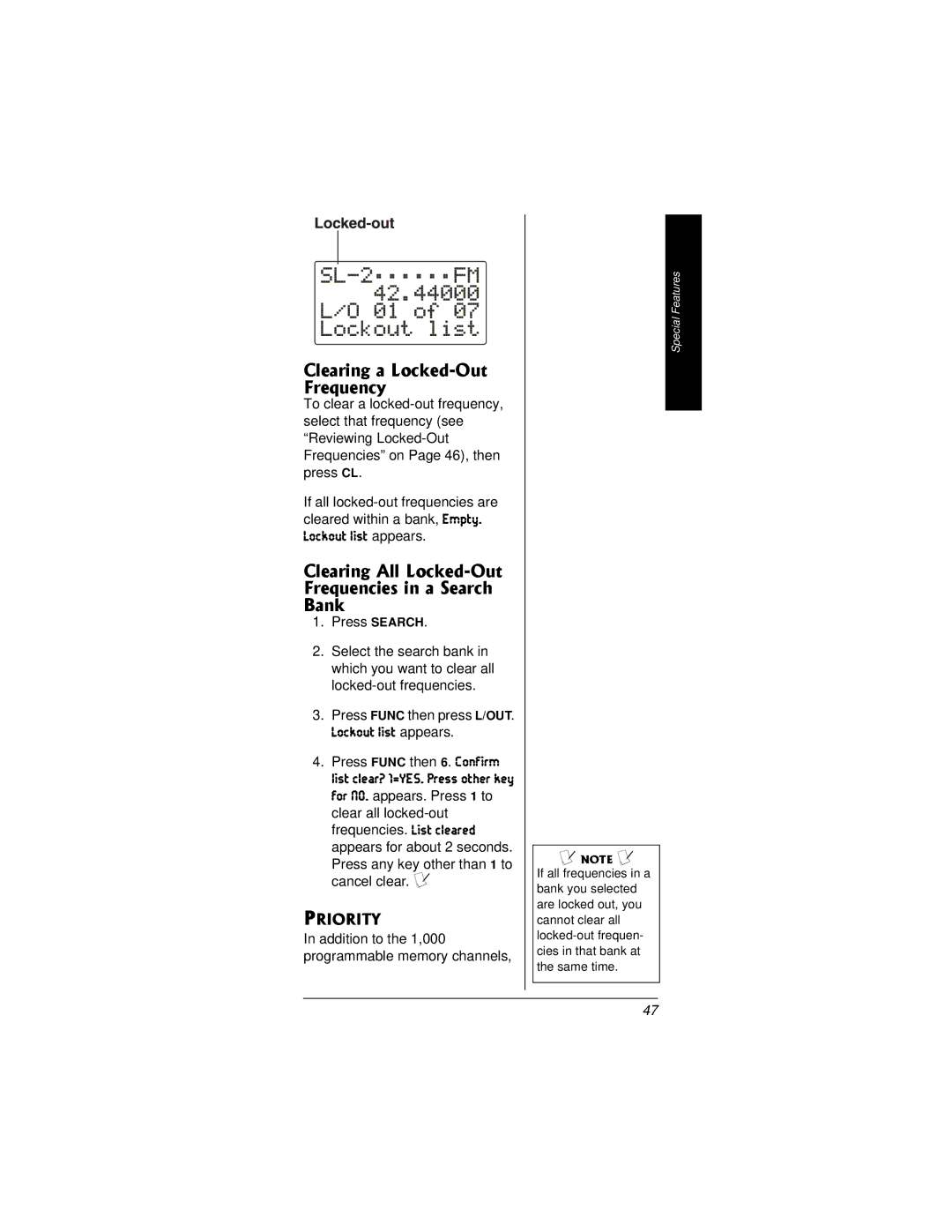 Radio Shack PRO-95 Clearing a Locked-Out Frequency, Clearing All Locked-Out Frequencies in a Search Bank, Priority 