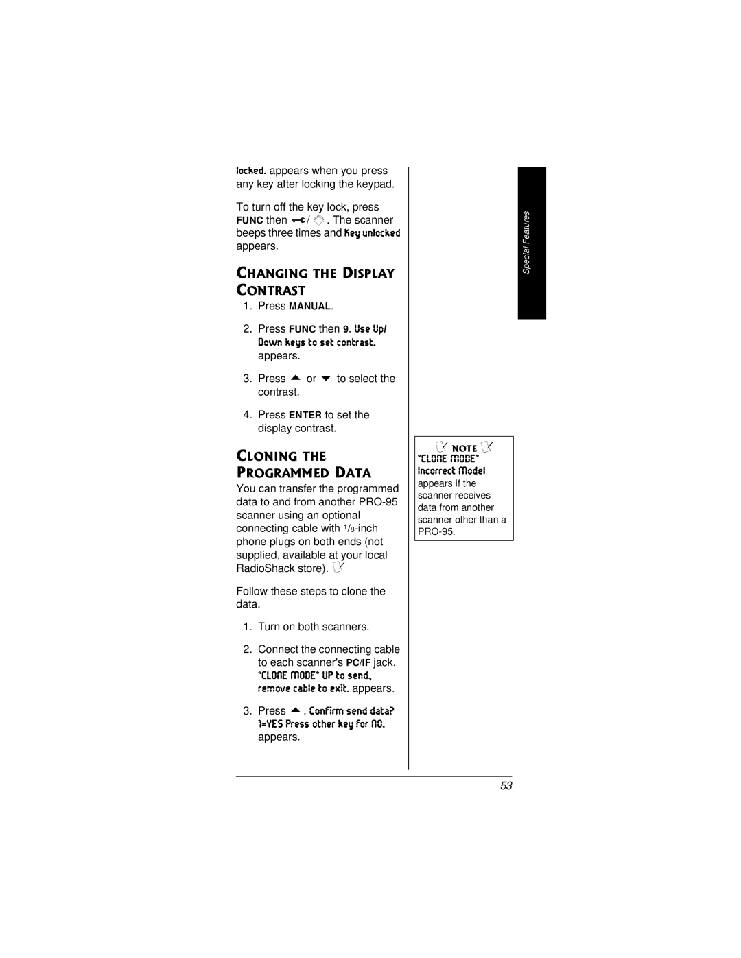 Radio Shack PRO-95 owner manual Changing the Display Contrast, Down keys to set contrast. appears, Cloning Programmed Data 