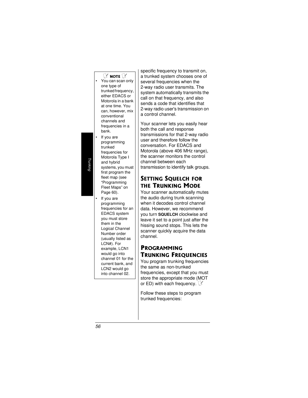 Radio Shack PRO-95 owner manual Setting Squelch for the Trunking Mode, Programming Trunking Frequencies 