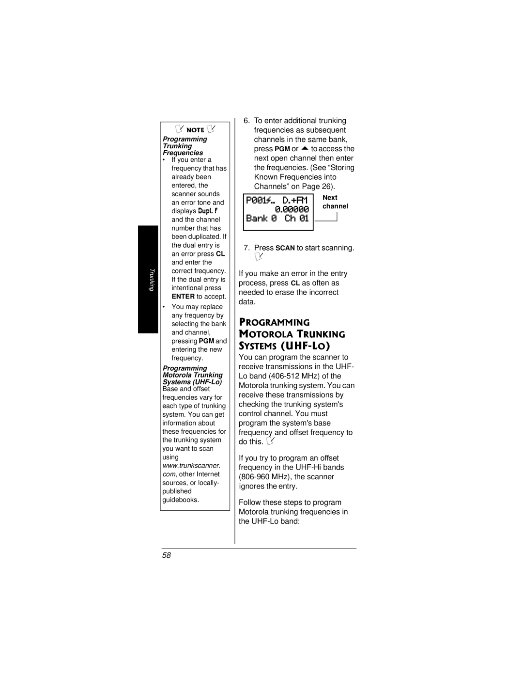 Radio Shack PRO-95 owner manual Programming Motorola Trunking, P001~ 